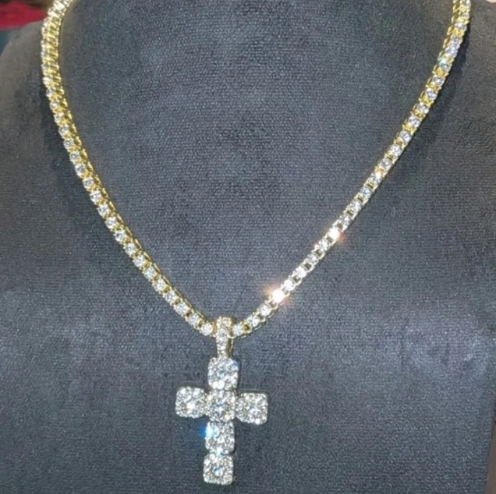 14k Yellow Gold Plated Lab Created Diamond Cross Pendant Tennis Necklace